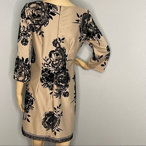 Chadwick’s 3/4 Sleeve Tan and Black Floral Dress With Raised Floral Print Size 4 - Picture 8 of 14